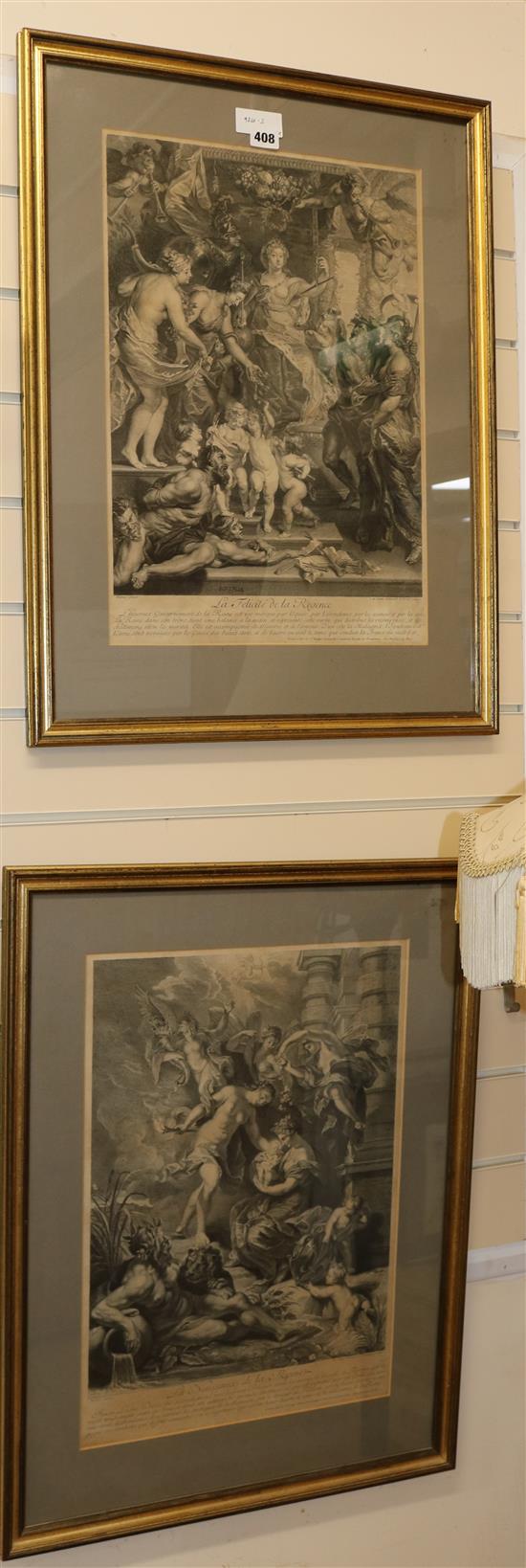 Nattier after Rubens, a pair of engravings, La Felicite de la Regence and La Naissance de la Reine, 50 x 35cm